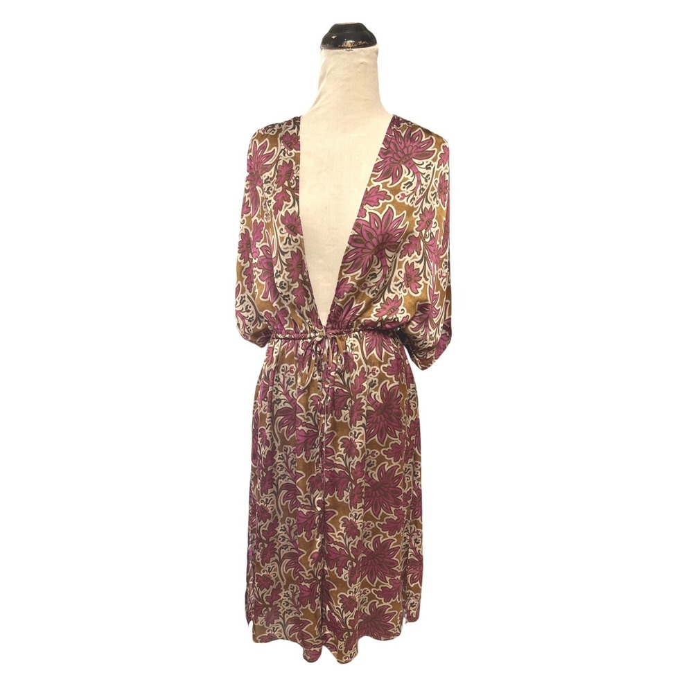 Evereve Floral Kimono Duster Boho Lightweight Cover Up Purple Brown XS/S